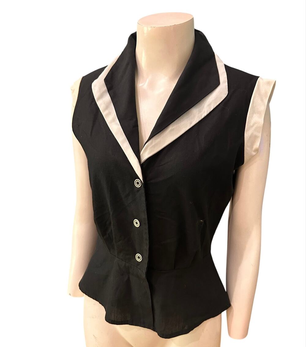 Vintage 60s 70s Black White Peplum Blouse Double Collar JCPenney S -